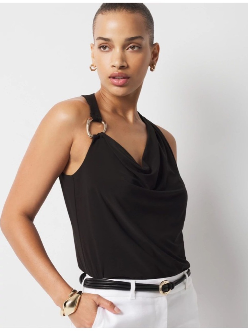 White House Black Market Black Cowl Halter Tank with Gold Ring